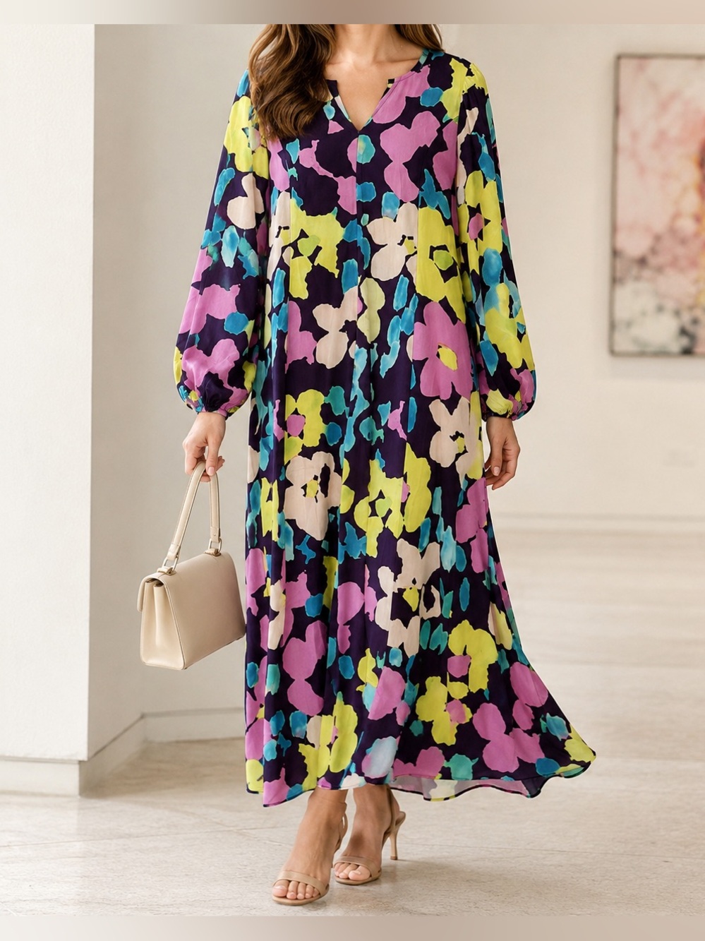 Fresha London Anthropologie Long Sleeve Maxi Dress Purple Multi Floral Size M
